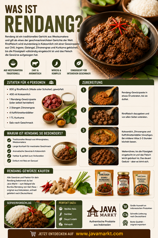 Rendang aus Indonesien mit langsam geschmortem Rindfleisch in dunkler Gewürzsoße, serviert mit Reis und traditionellen indonesischen Gewürzen wie Zitronengras und Kaffirlimettenblättern.