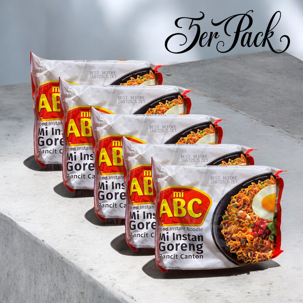 Mie ABC Instan Goreng 5er Pack von Oriental Merchant, fertige gebratene Instant-Nudeln in Packung, Nahaufnahme der Verpackung
