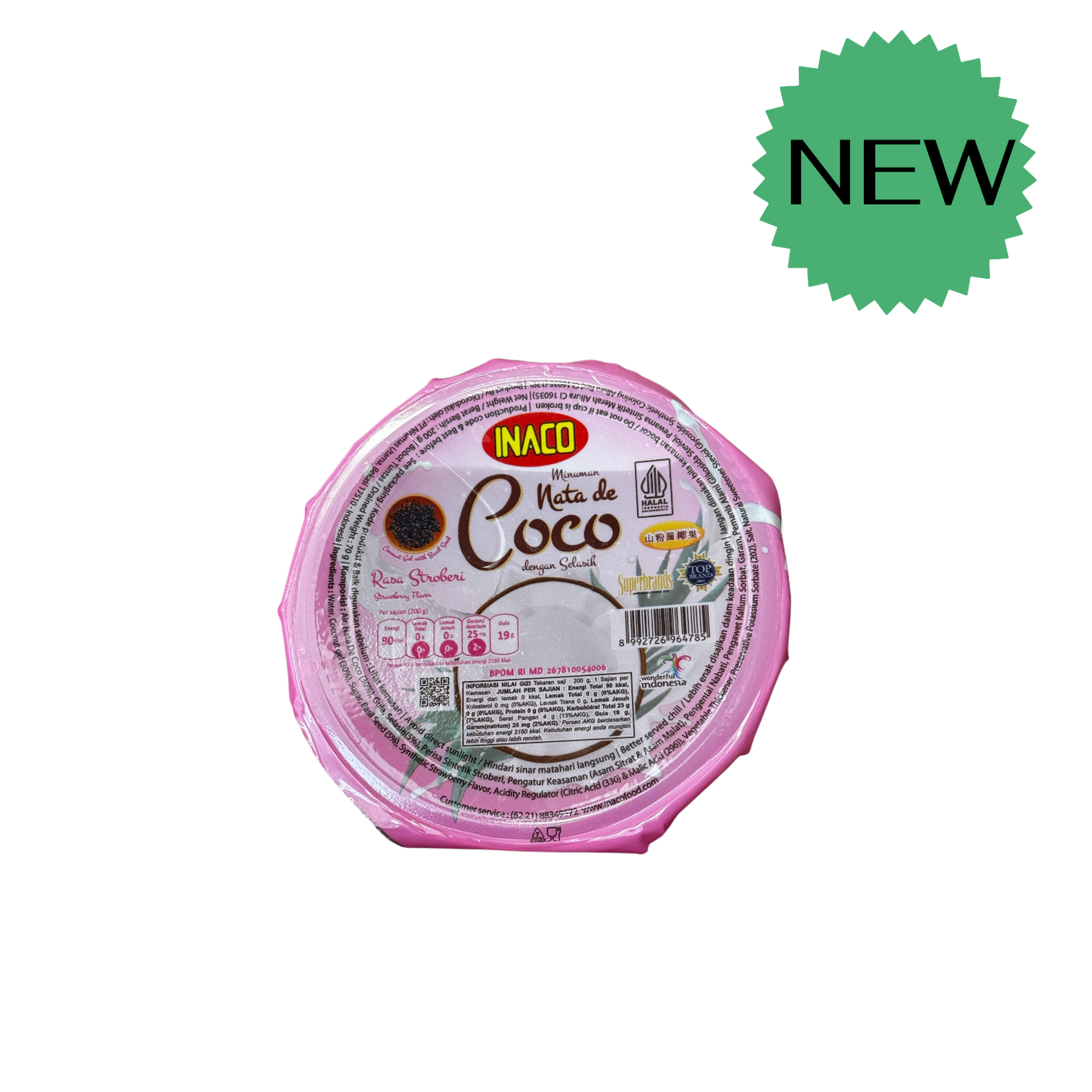 Nesia Inaco Minuman Nata de Coco mit Erdbeergeschmack und Basilikum, erfrischendes Getränke in Glasflasche.