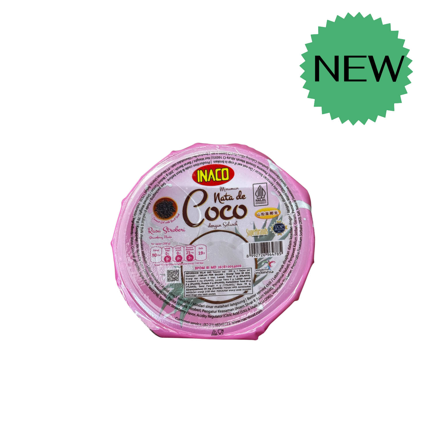 Nesia Inaco Minuman Nata de Coco mit Erdbeergeschmack und Basilikum, erfrischendes Getränke in Glasflasche.