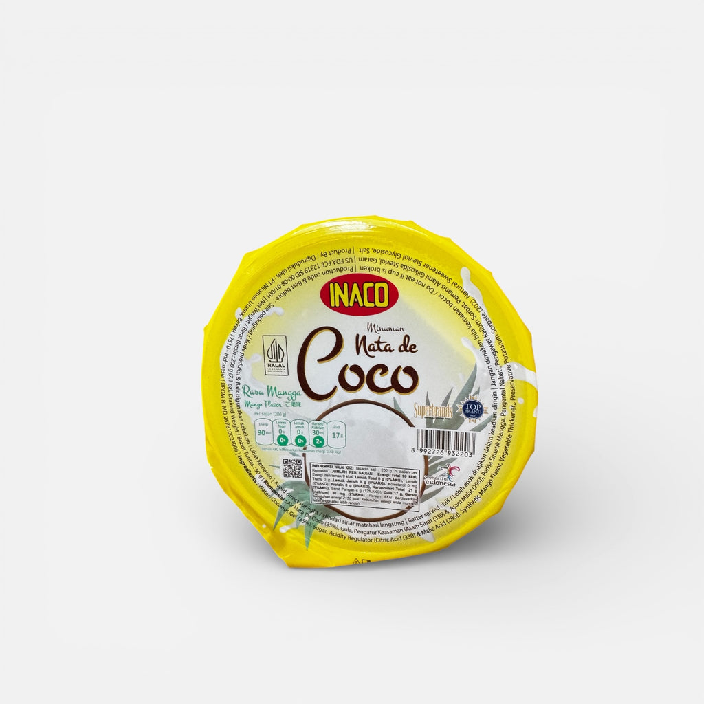 Inaco Minuman Nata de Coco mit Mangra-Geschmack, cremiges Kokosnussgetränk in Flasche, erfrischend und fruchtig.