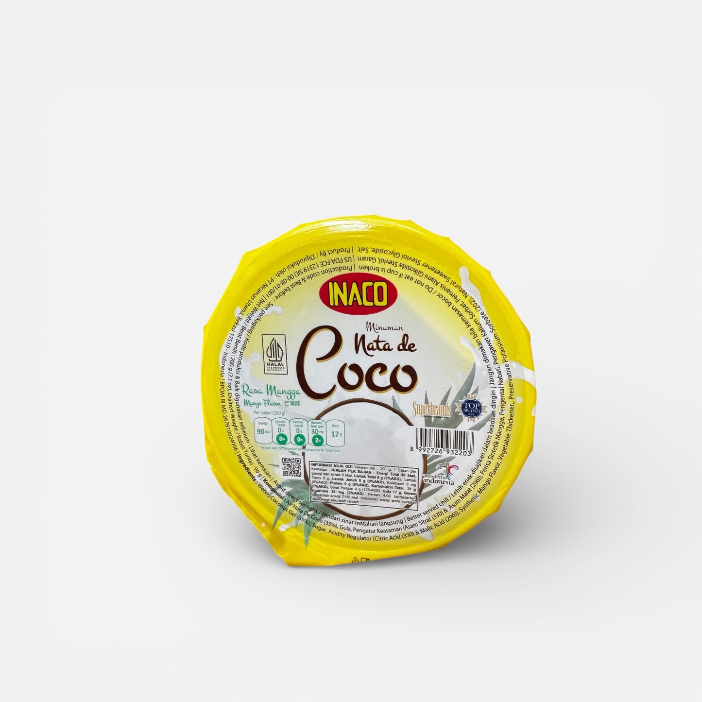 Inaco Minuman Nata de Coco mit Mangra-Geschmack, cremiges Kokosnussgetränk in Flasche, erfrischend und fruchtig.