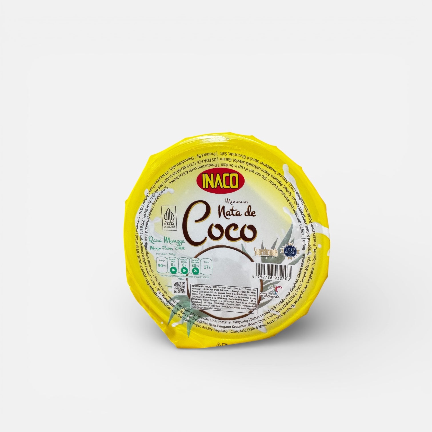 Inaco Minuman Nata de Coco mit Mangra-Geschmack, cremiges Kokosnussgetränk in Flasche, erfrischend und fruchtig.