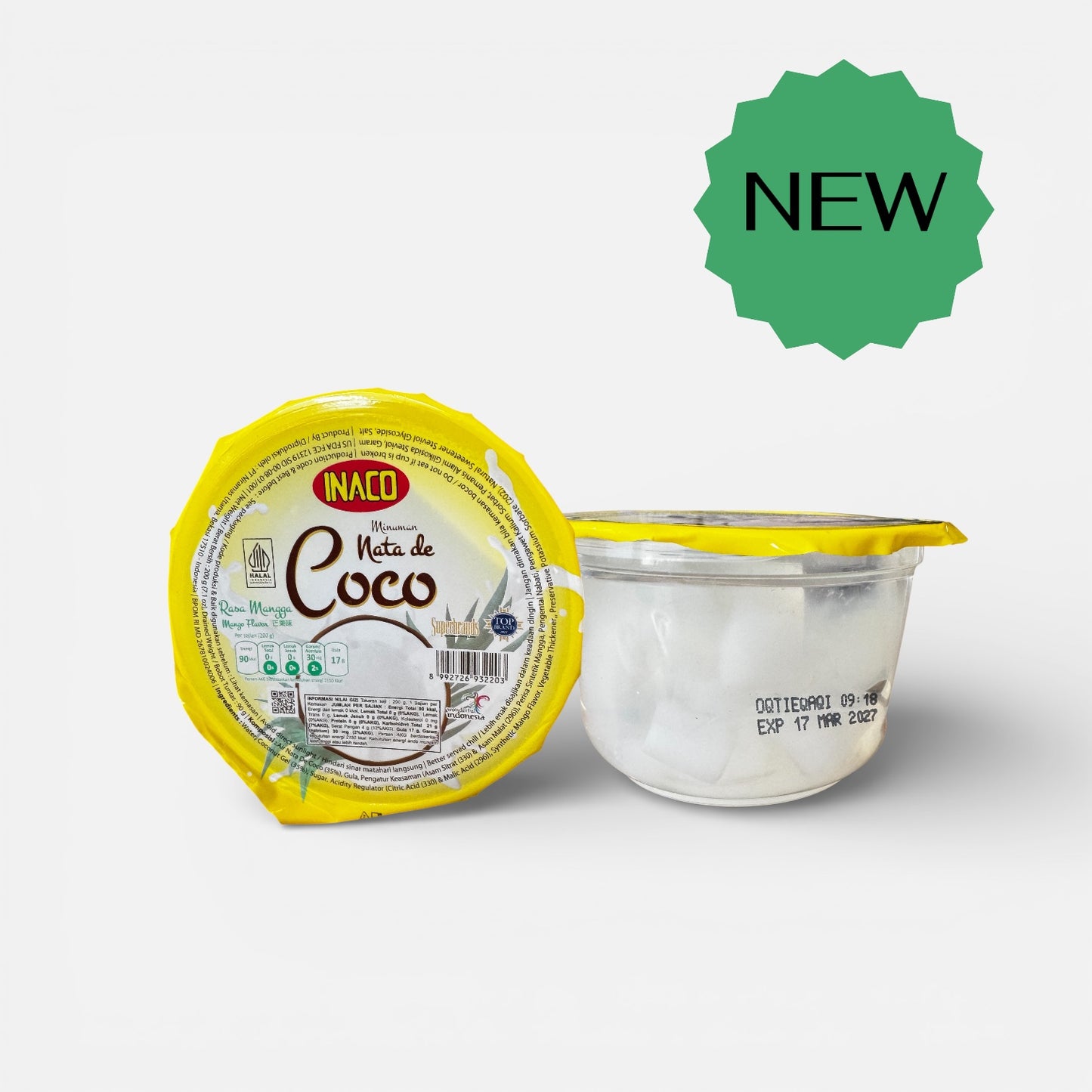 Inaco Nata de Coco Mangosaft in transparent Glasflasche, erfrischendes Getränk mit Kokosnuss und Mangoaroma.