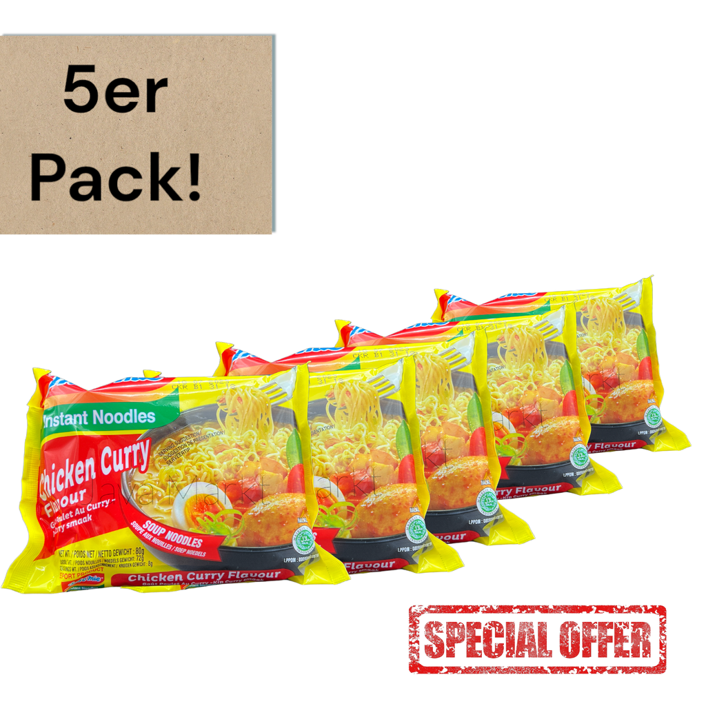 Vanka Kawat Indomie Kari Ayam Instant-Nudeln im 5er Pack, mit würziger Curry-Hühnchen-Geschmacksrichtung, Nahaufnahme