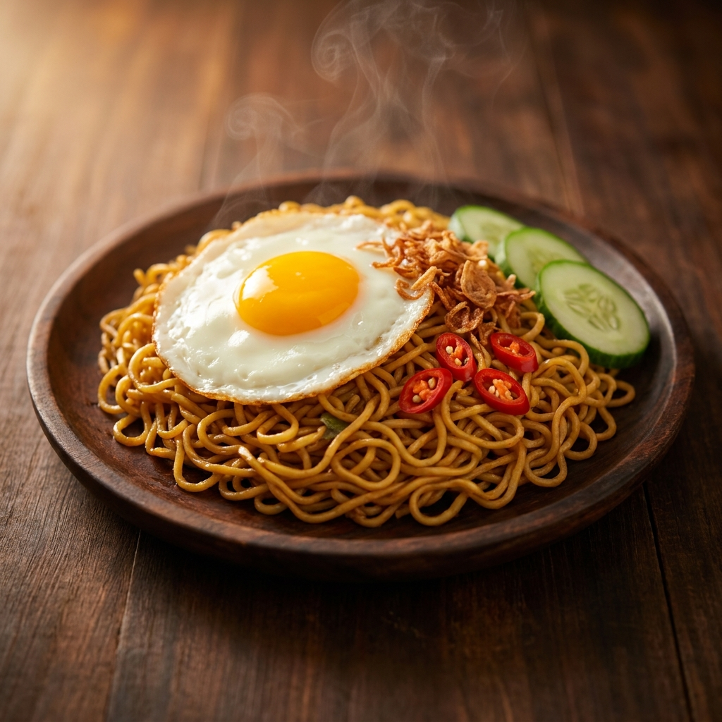 Serviervorschlag: Mie Goreng mit Spiegelei, Gurke und Röstzwiebeln