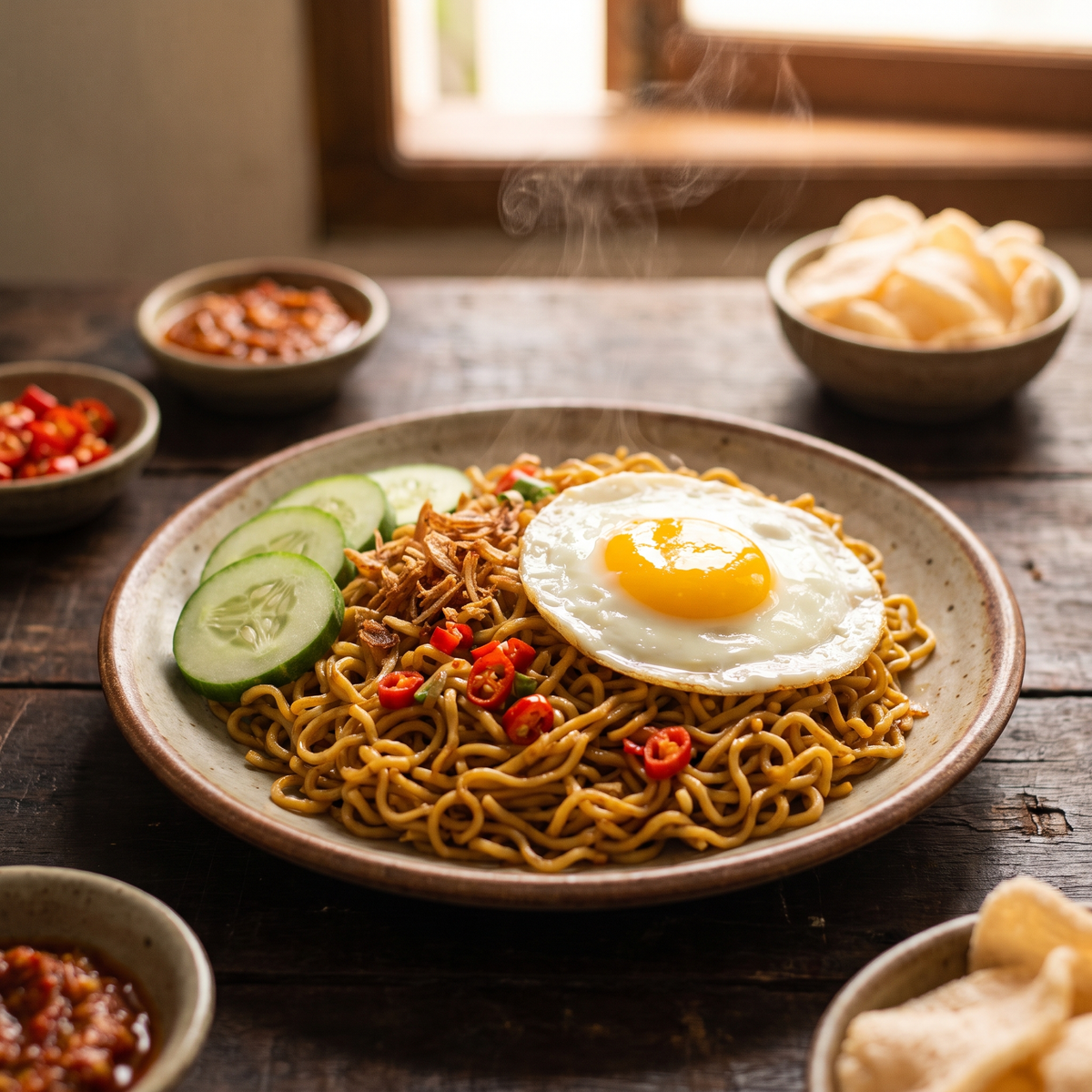 Serviervorschlag: Mie Goreng mit Spiegelei und Röstzwiebeln