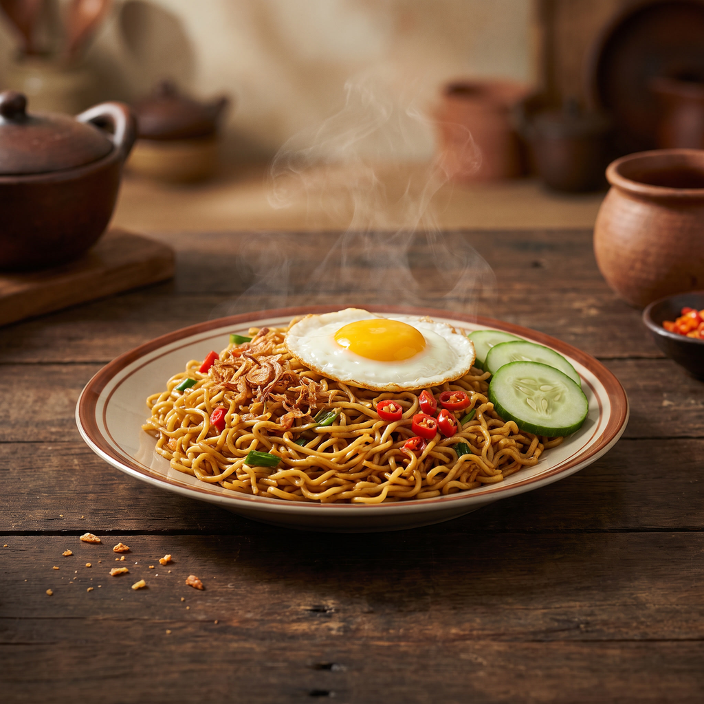 Serviervorschlag: Mie Goreng mit Spiegelei und Röstzwiebeln
