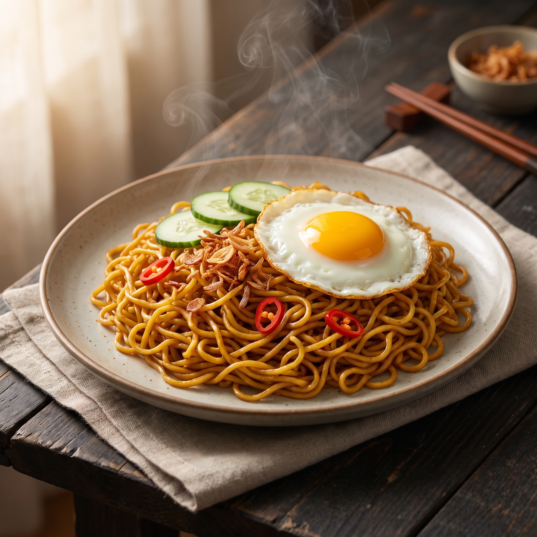 Serviervorschlag: Mie Goreng mit Spiegelei und Röstzwiebeln