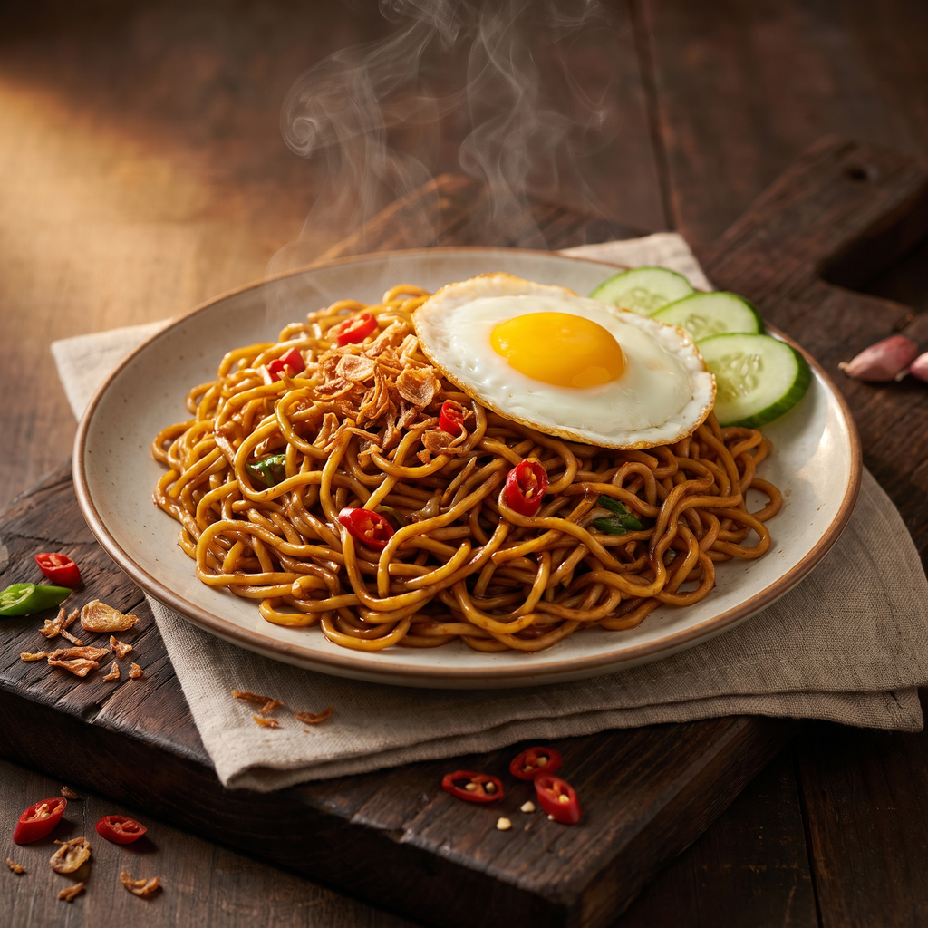 Serviervorschlag: Mie Goreng mit Spiegelei und Röstzwiebeln