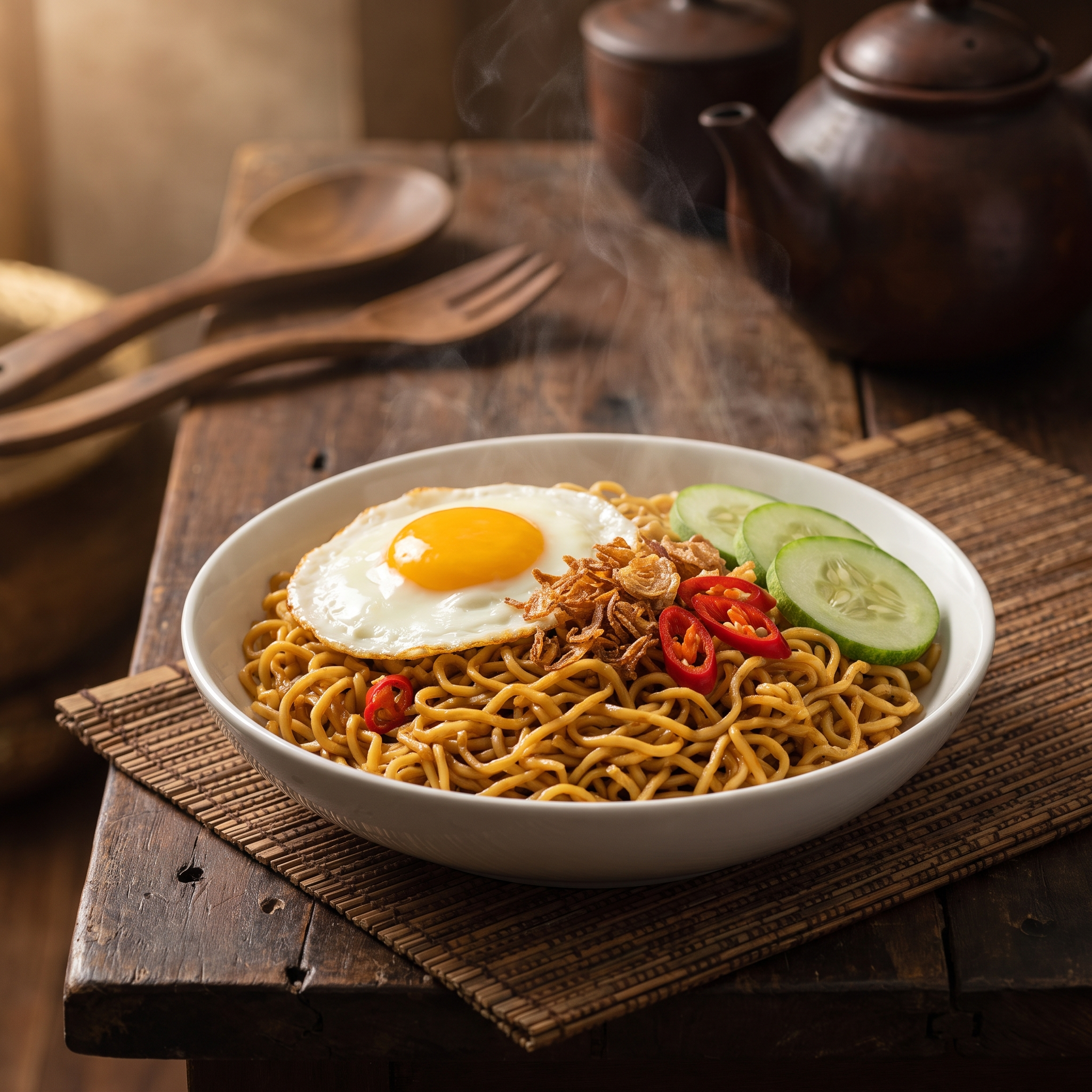 Serviervorschlag: Mie Goreng mit Spiegelei und Röstzwiebeln
