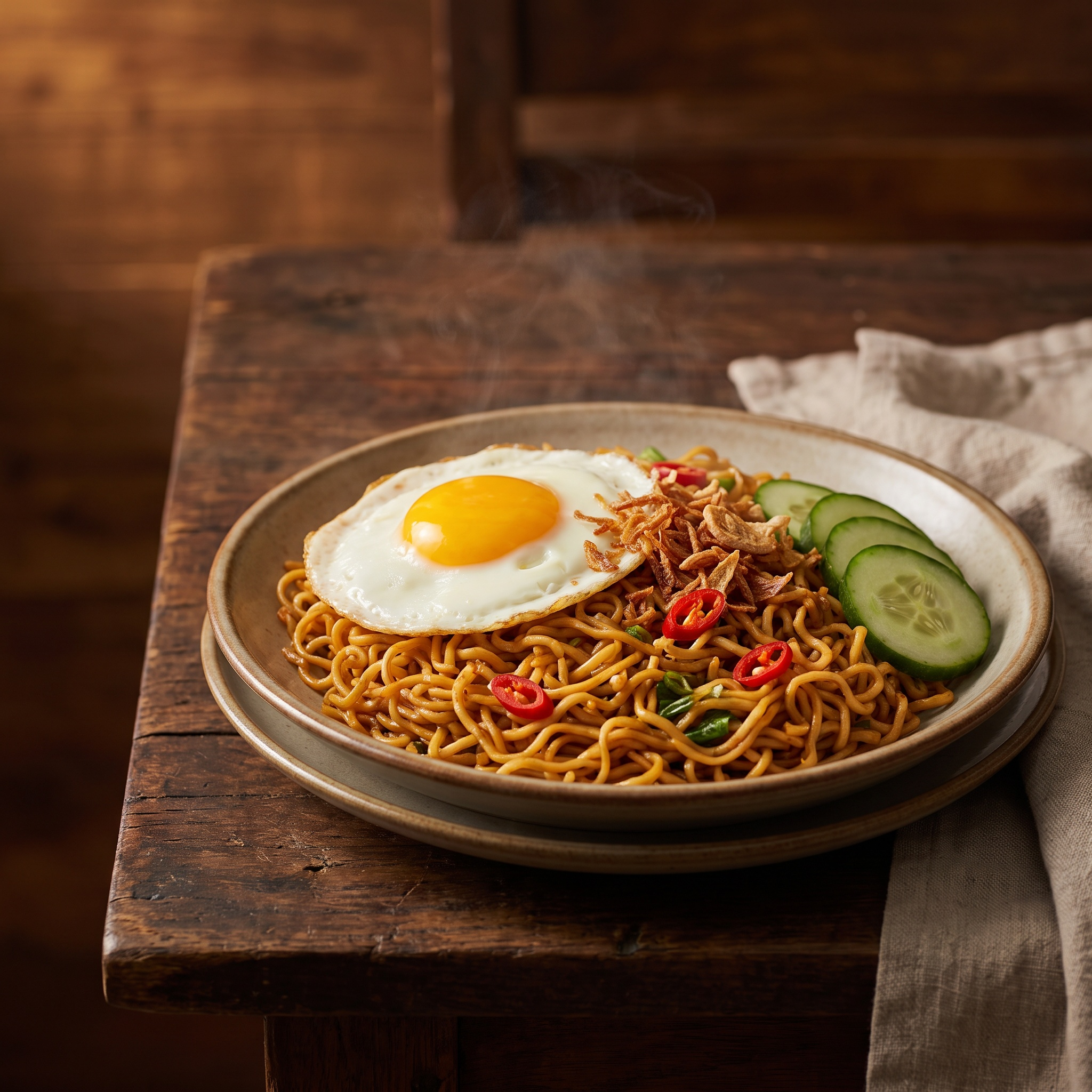Serviervorschlag: Mie Goreng mit Spiegelei und Röstzwiebeln