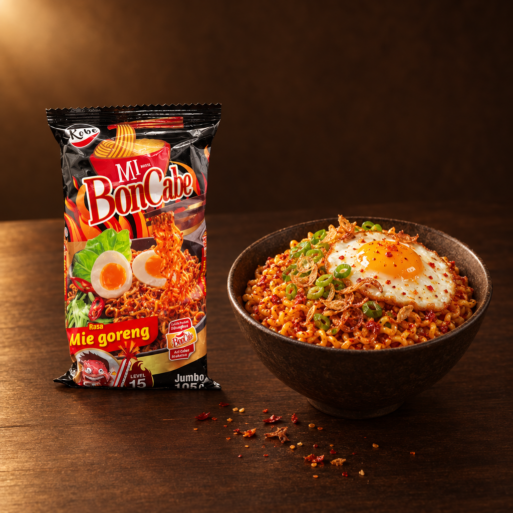 Kobe Mie Instant BonCabe Level 15 – Packung mit scharfen Instantnudeln