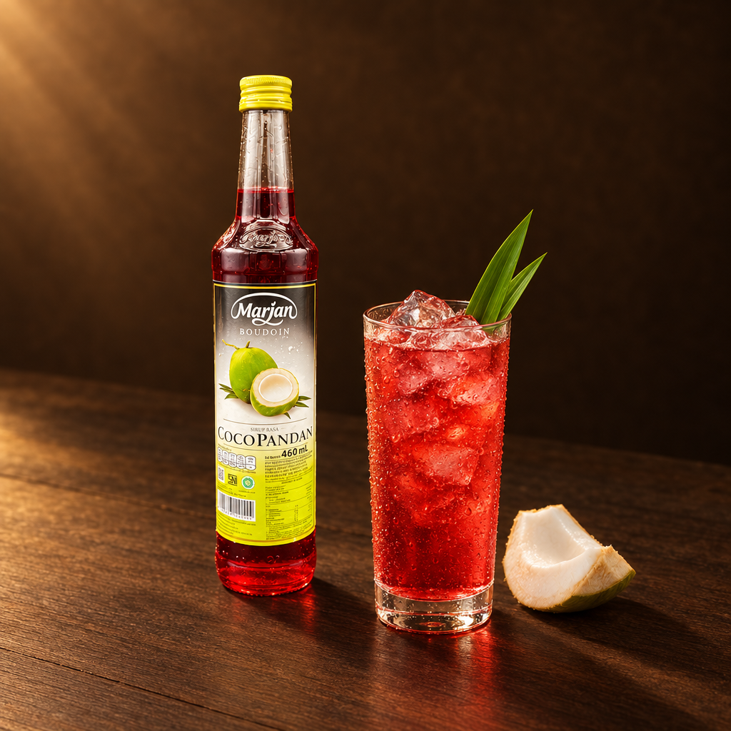 Marjan Sirup Rasa Cocopandan – Flasche mit Cocopandan-Drink