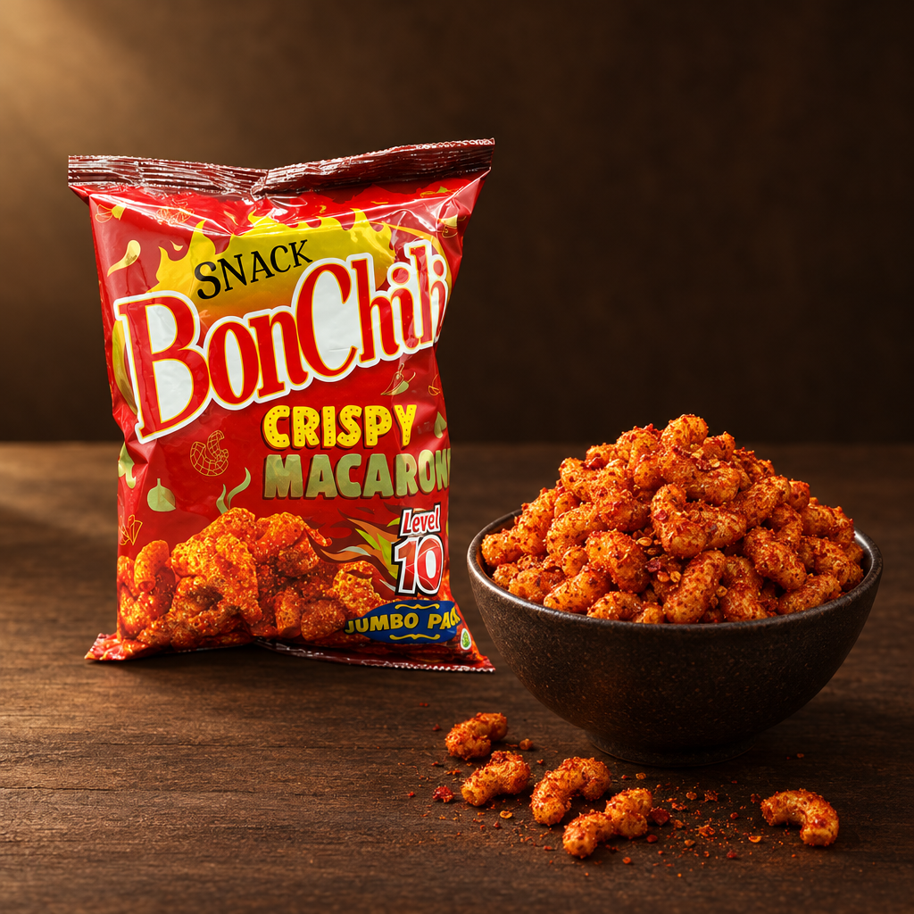 BonCabe Makaroni Crispy Snack Level 10 – Packung mit Snack in der Schale