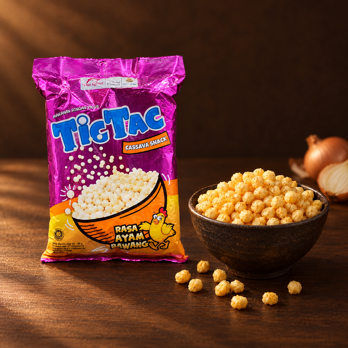 Tic Tac Snack Rasa Ayam Bawang 90g – Packung mit Snack in der Schale