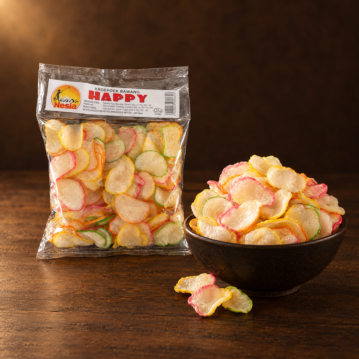 Kerupuk Happy 250g – Packung mit frittierten bunten Krupuk