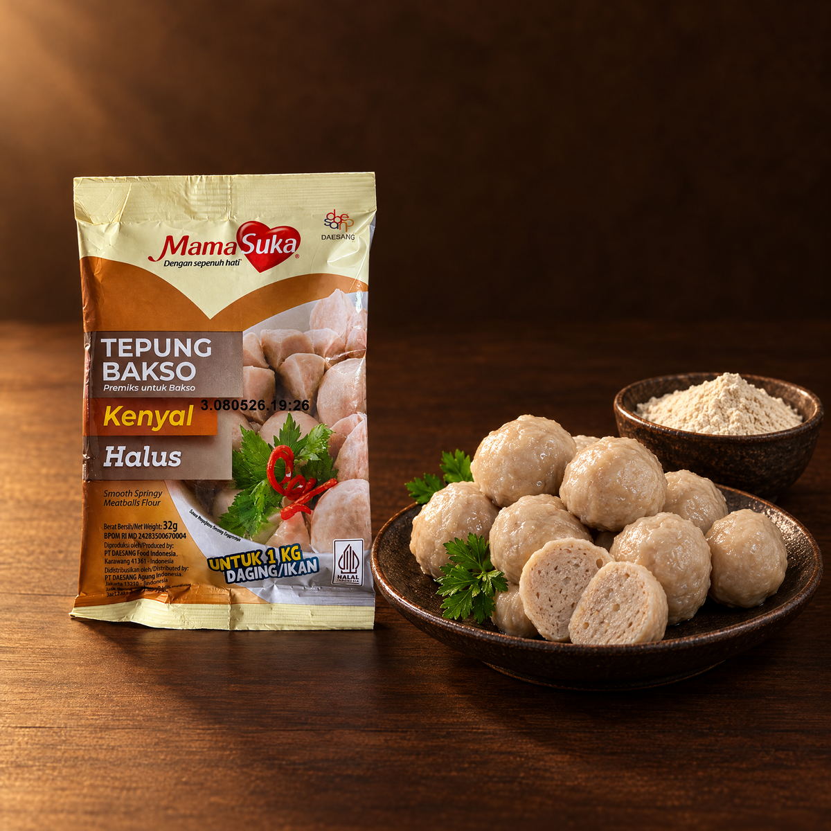 Mamasuka Tepung Bakso 32g – Packung mit fertigen Bakso-Bällchen
