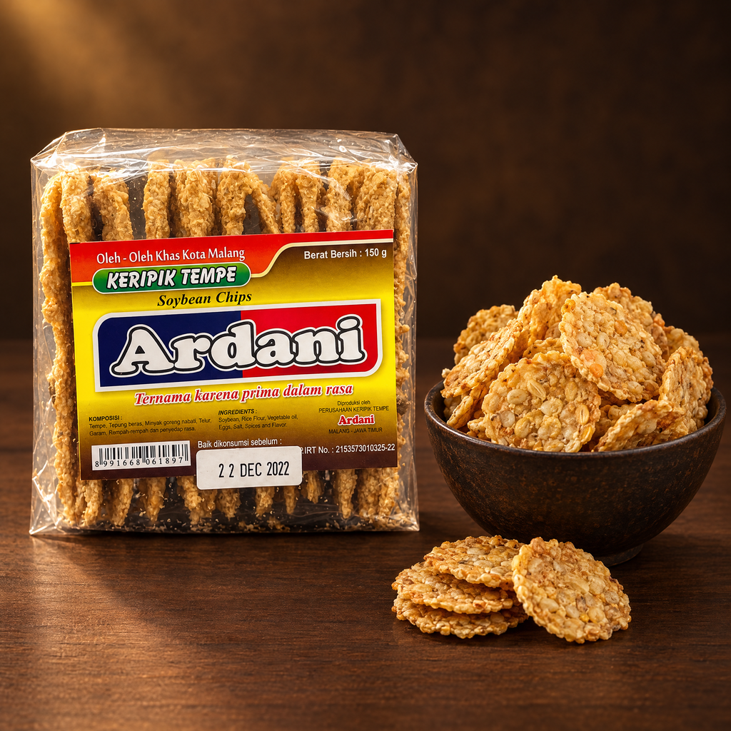 Ardani Keripik Tempe 150g – Packung mit Tempeh-Chips in der Schale