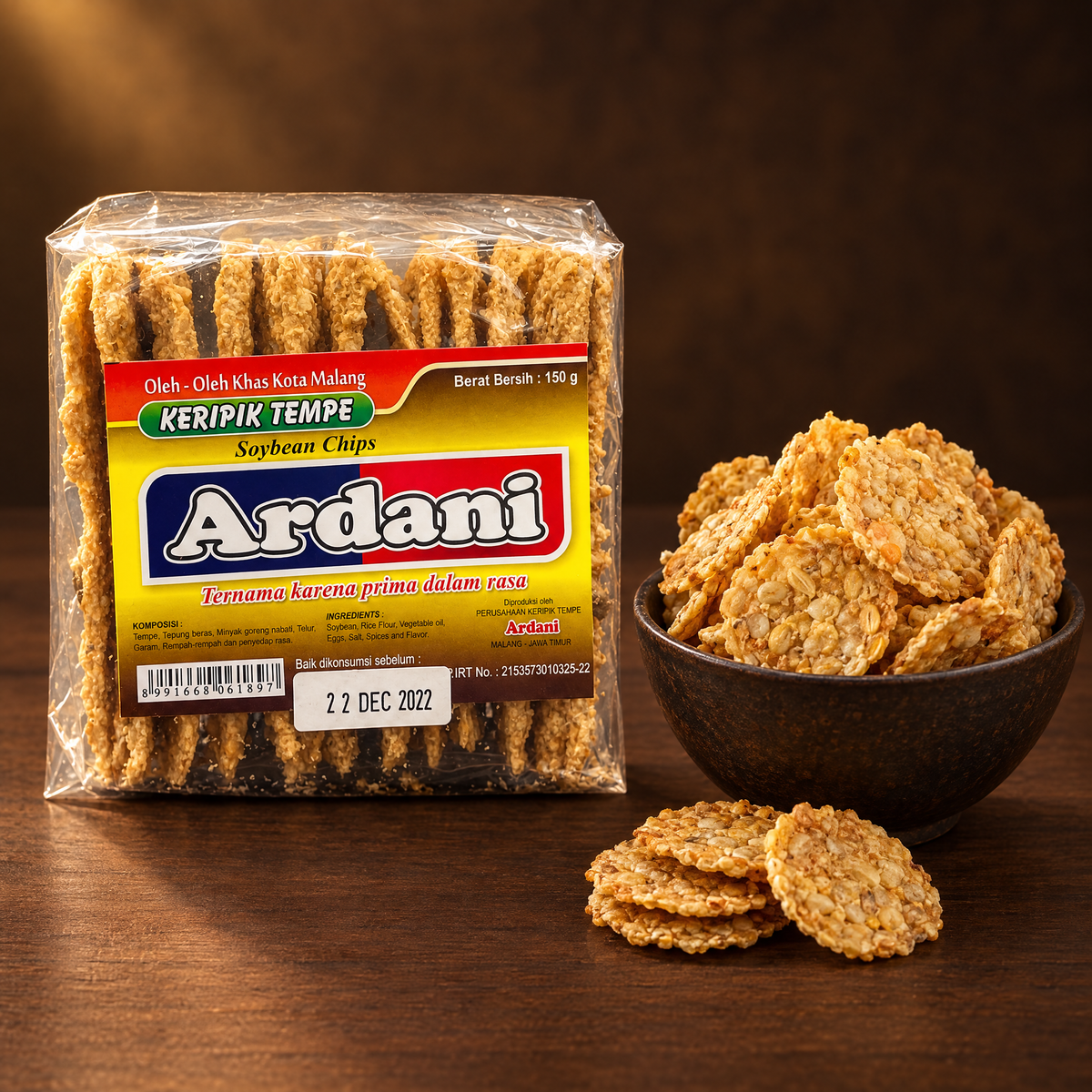 Ardani Keripik Tempe 150g – Packung mit Tempeh-Chips in der Schale