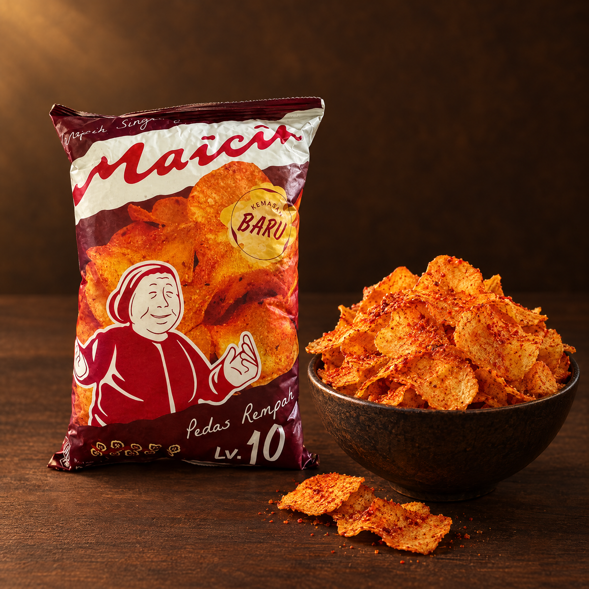 Maicih Cassava Chips Level 10 – Packung mit Chips in der Schale