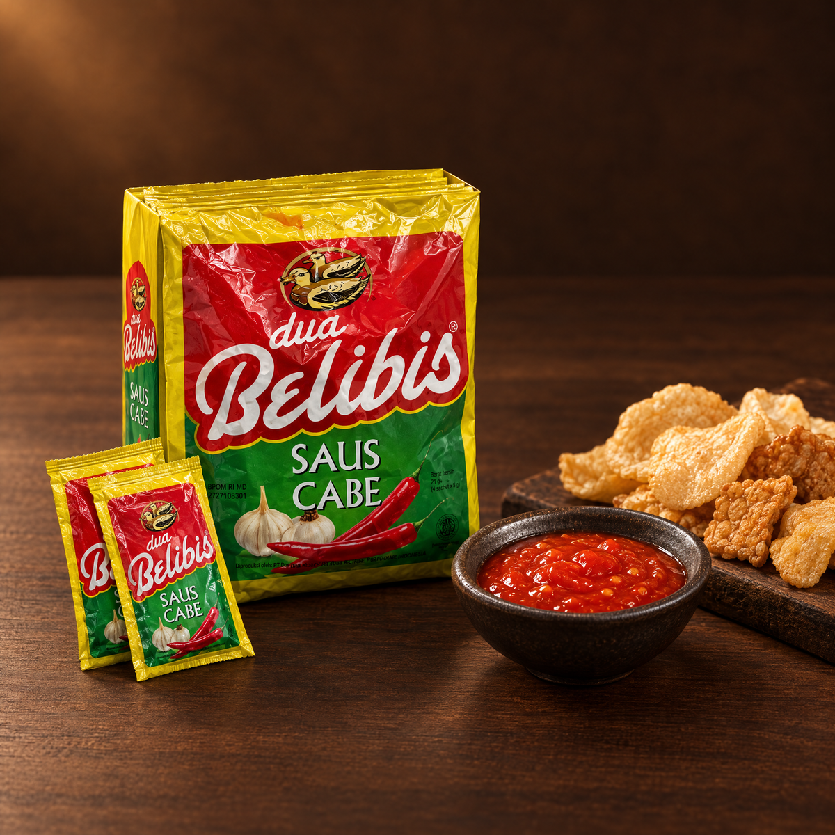 Dua Belibis Saus Cabe Sachet – Packung mit Chilisauce im Schälchen