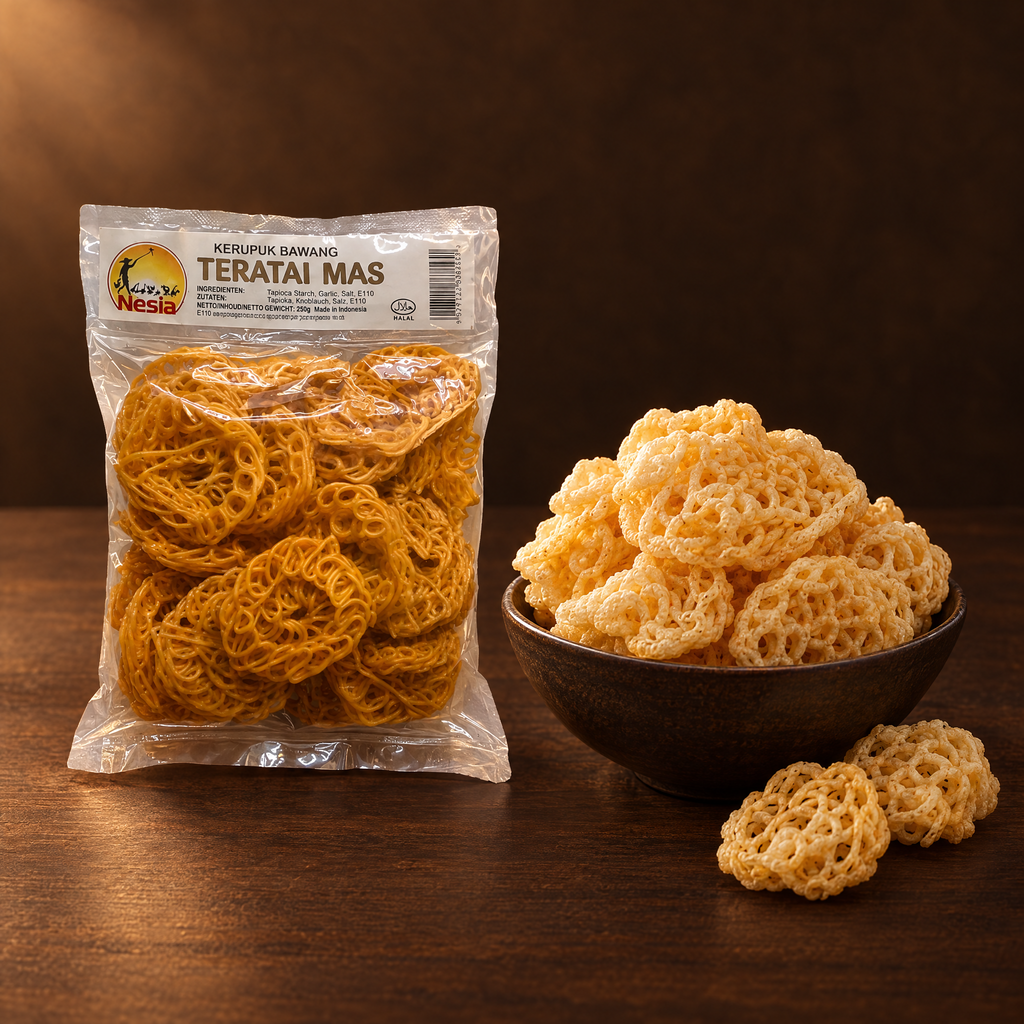 Kerupuk Teratai Mas 250g – Packung mit frittierten Krupuk