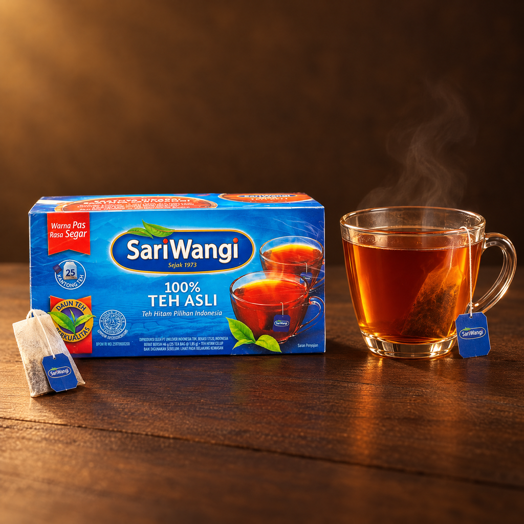 Sari Wangi Teh Asli 46g – Packung mit frisch aufgebrühtem Tee