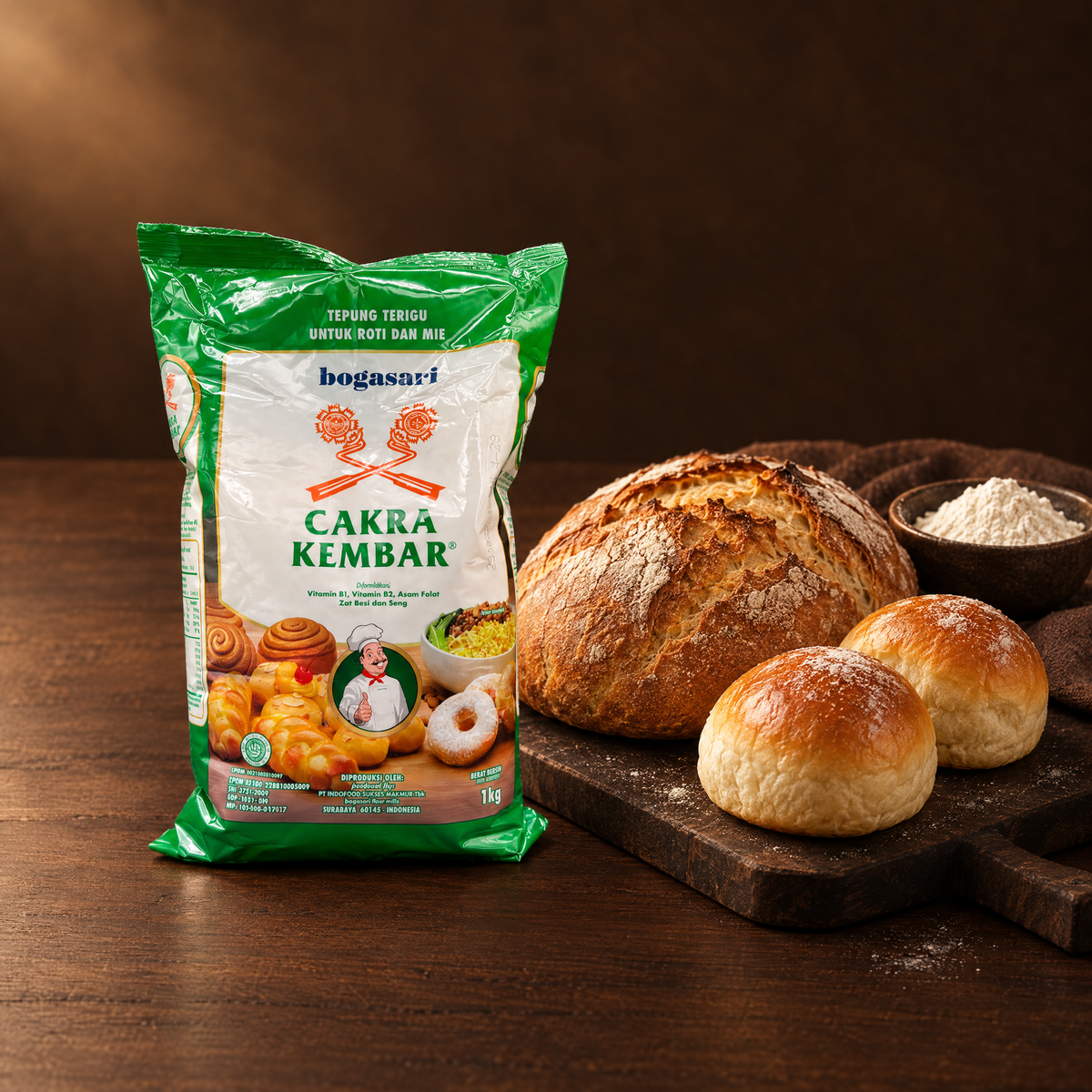 Bogasari Cakra Kembar 1 kg – Mehlpackung mit frischem Brot