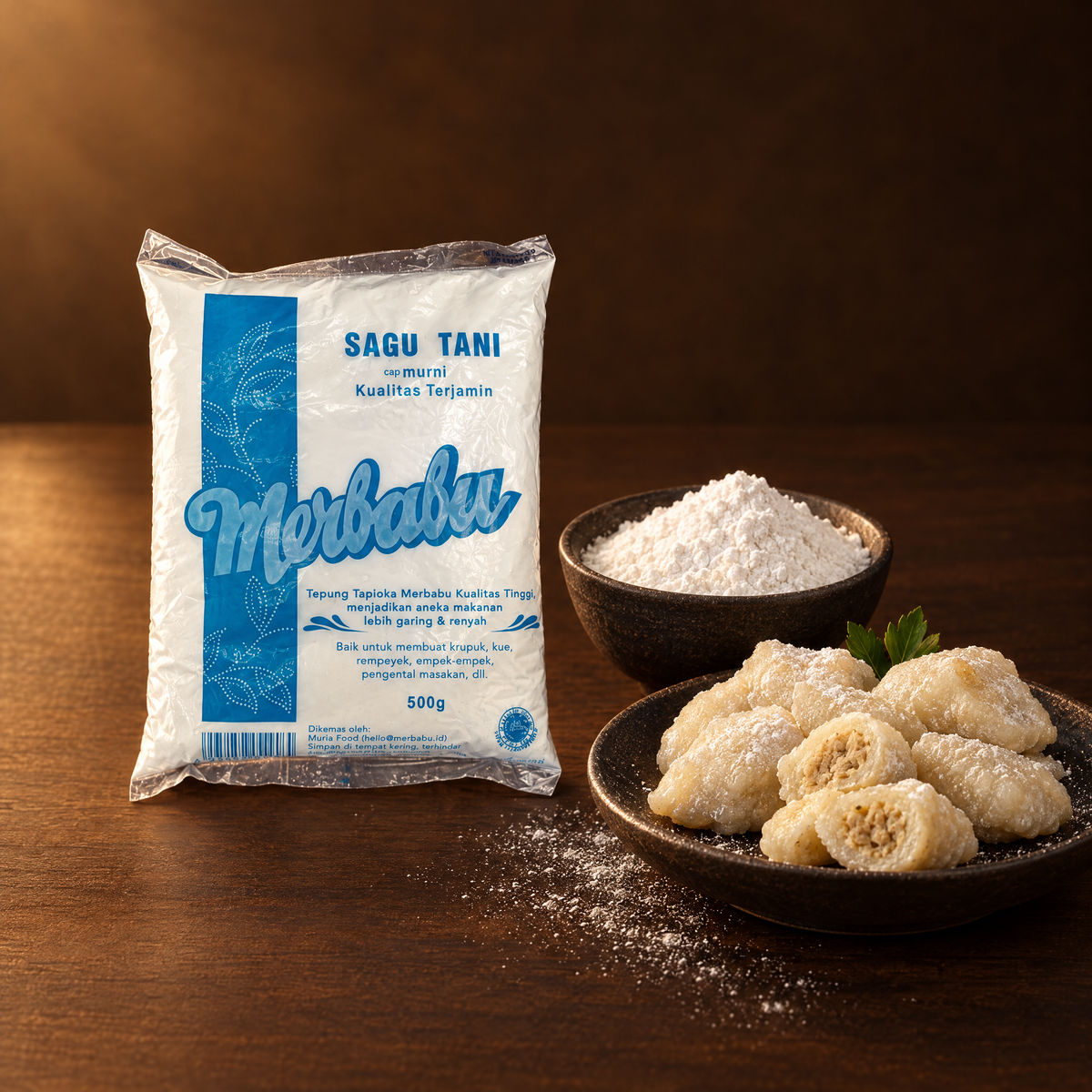 Merbabu Sagu Tani 500g – Packung mit Tapiokastärke und Gericht