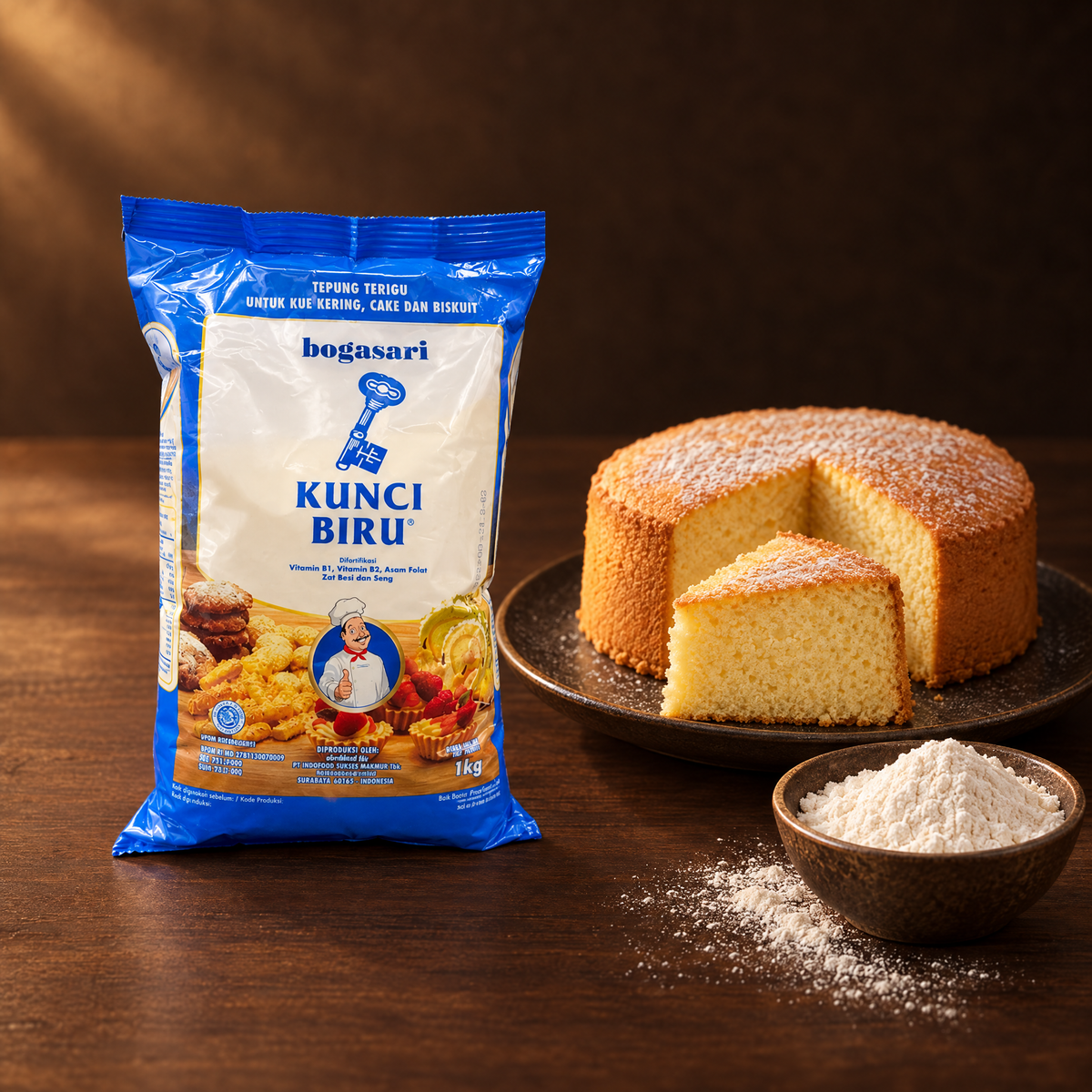 Bogasari Kunci Biru 1 kg – Mehlpackung mit fluffigem Kuchen