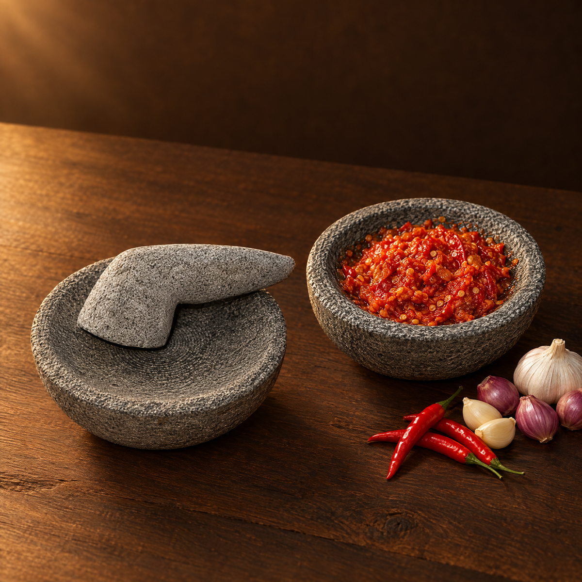 Cobek Batu 15 cm – Steinmörser mit frisch geriebenem Sambal