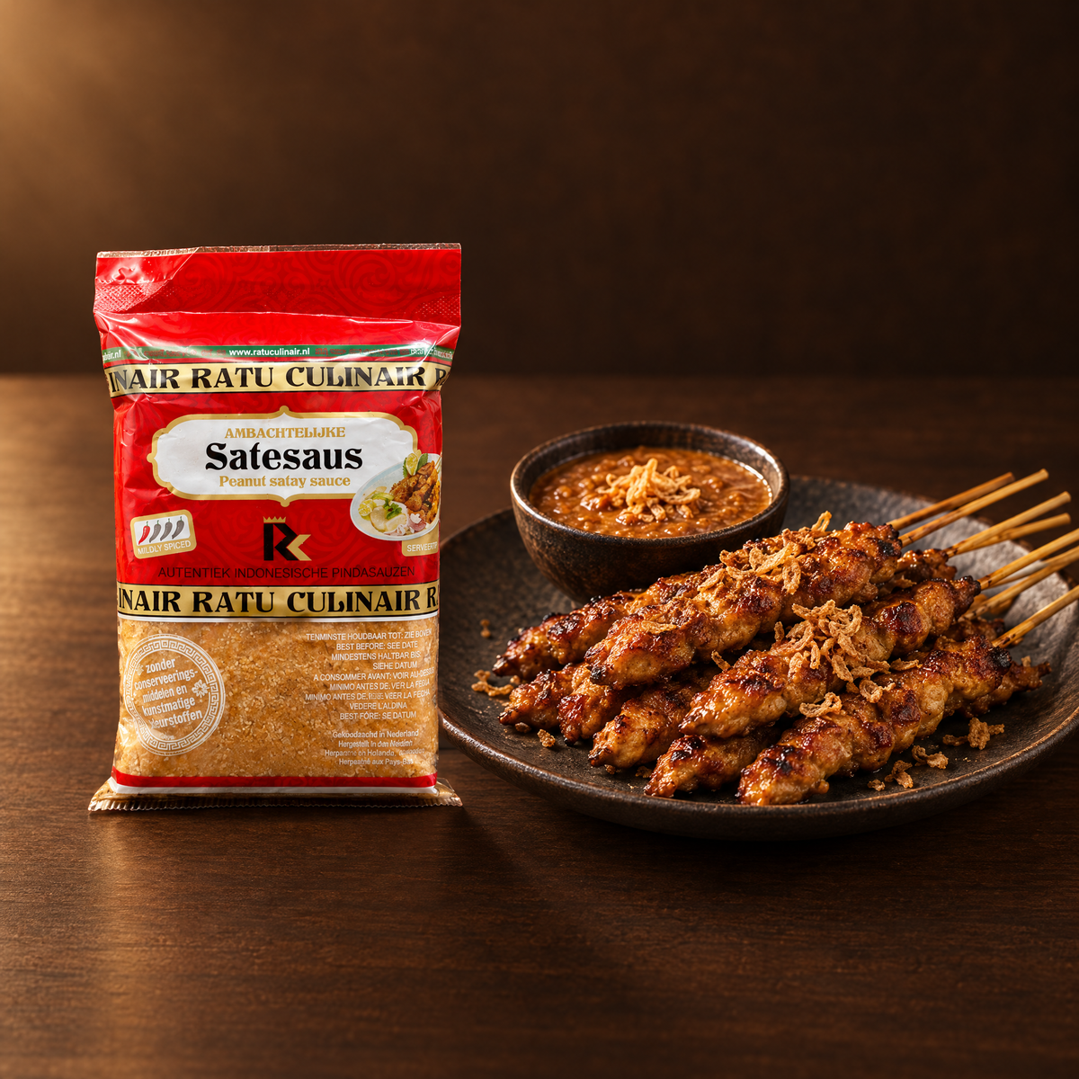 Ratu Culinair Saus Sate 200g – Glas mit Saté-Spießen und Erdnusssauce