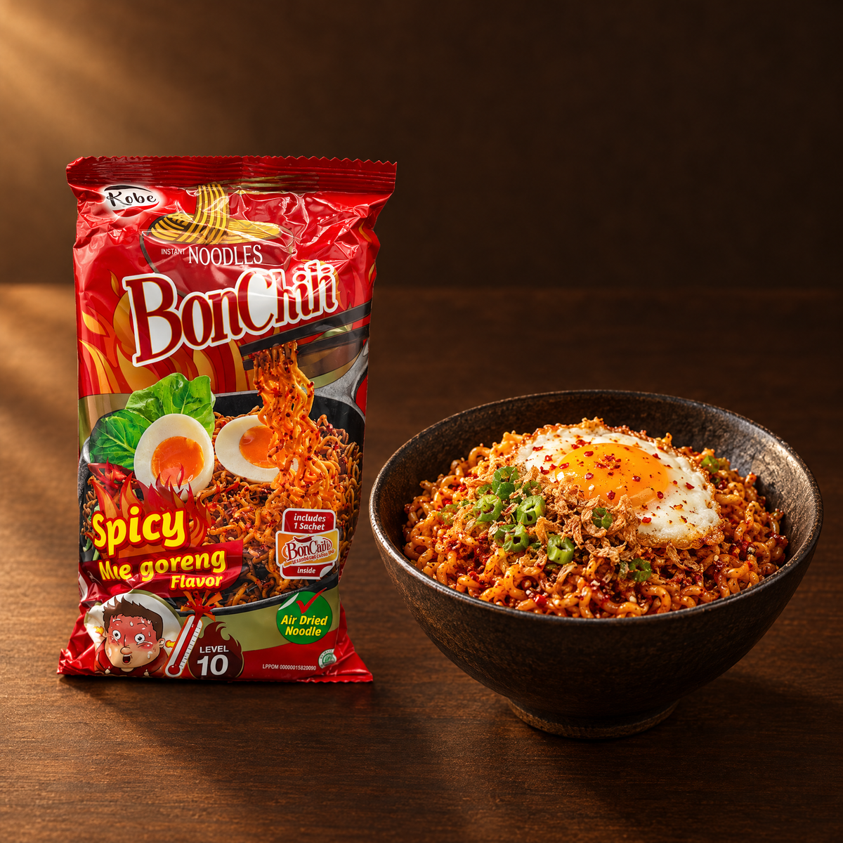 Kobe Mie Instant BonCabe Level 10 108g – Packung mit fertigen Nudeln