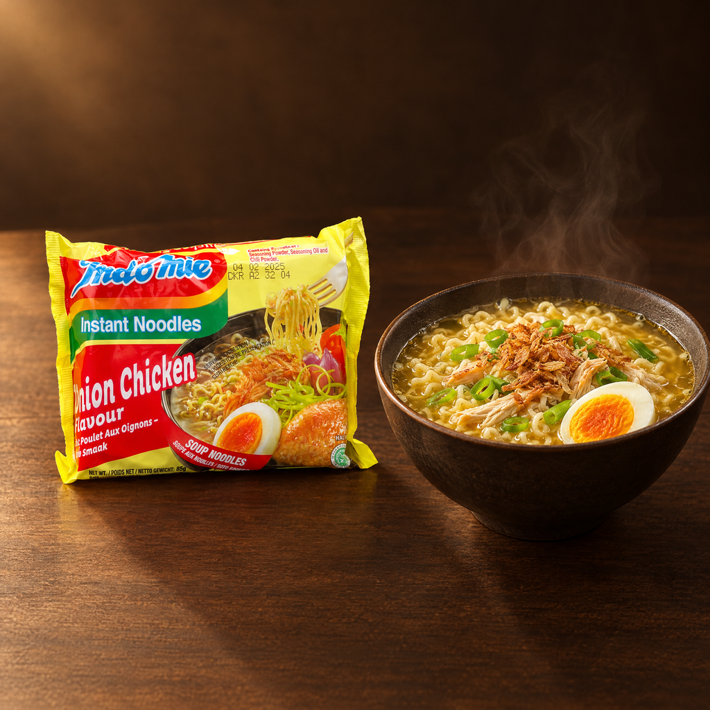 Indomie Rasa Ayam Bawang 85 g – Packung mit fertiger Nudelsuppe