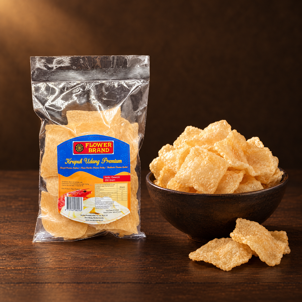Kerupuk Udang Premium Flower Brand 250g – Packung mit frittierten Garnelencrackern