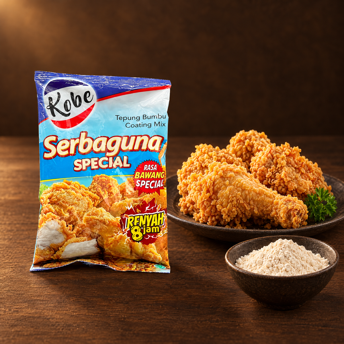 Kobe Tepung Serbaguna Special 100g – Packung mit knusprigem Hähnchen