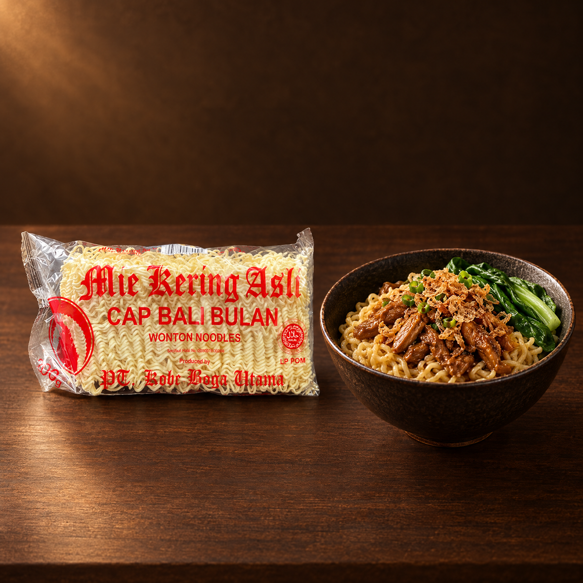 Kobe Mie Kering Asli Cap Bali Bulan 200g – Packung mit Mie Ayam