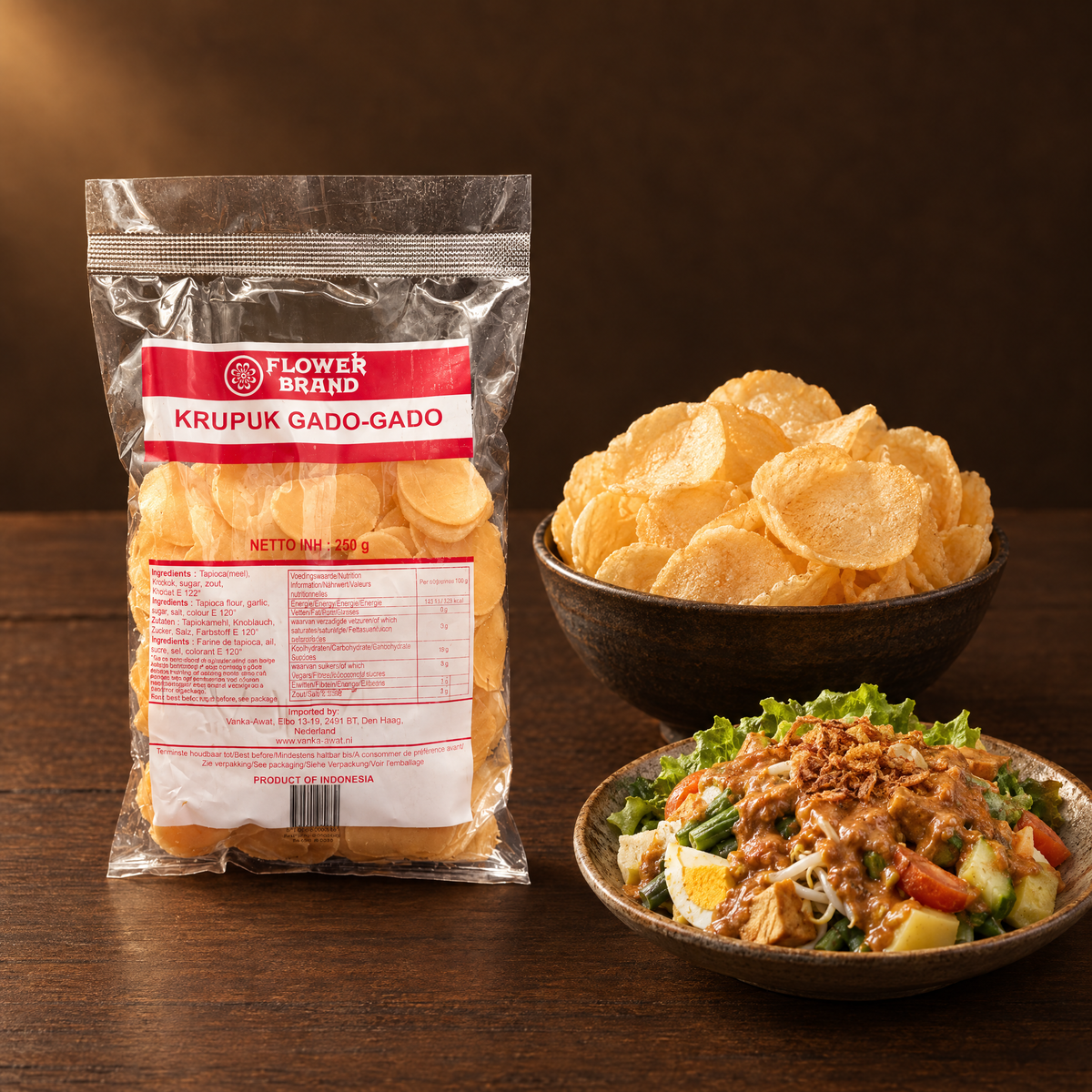 Kerupuk Gado Gado Flower Brand 250g – Packung mit frittierten Krupuk