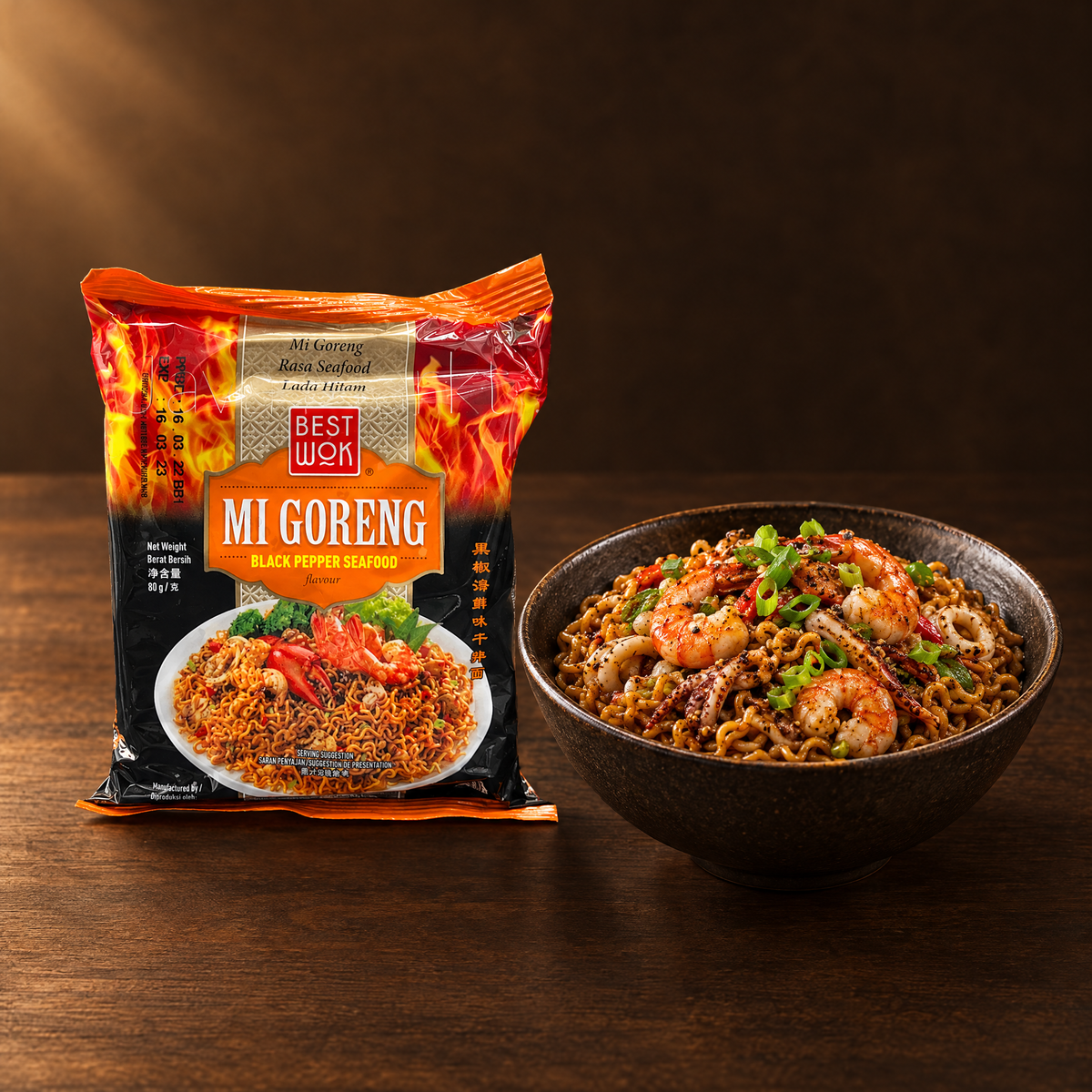 Best Wok Mie Goreng Black Pepper Seafood – Packung mit fertigen Nudeln