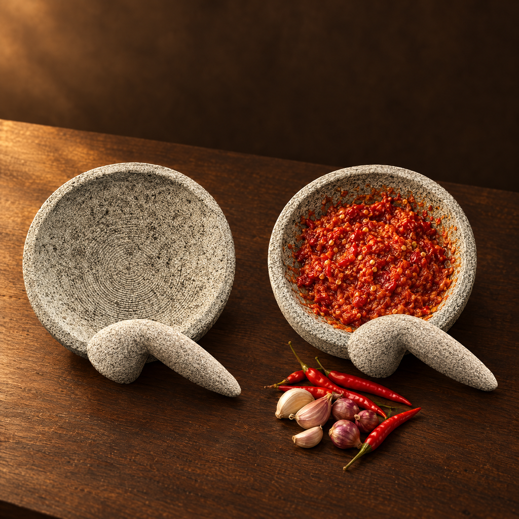 Cobek Batu 24 cm – Steinmörser mit frisch geriebenem Sambal