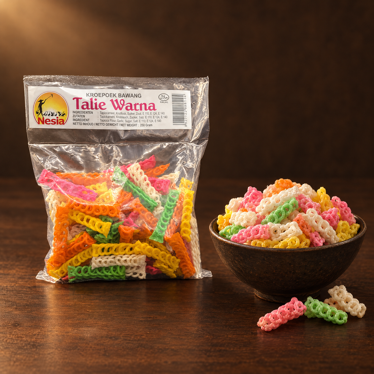 Kerupuk Bawang Talie Warna 250g – Packung mit bunten Krupuk