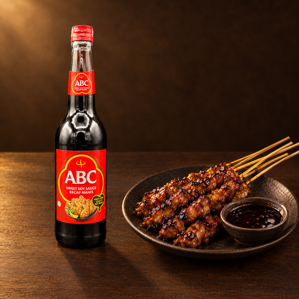 ABC Kecap Manis 620 ml Glasflasche – Flasche mit Saté-Spießen