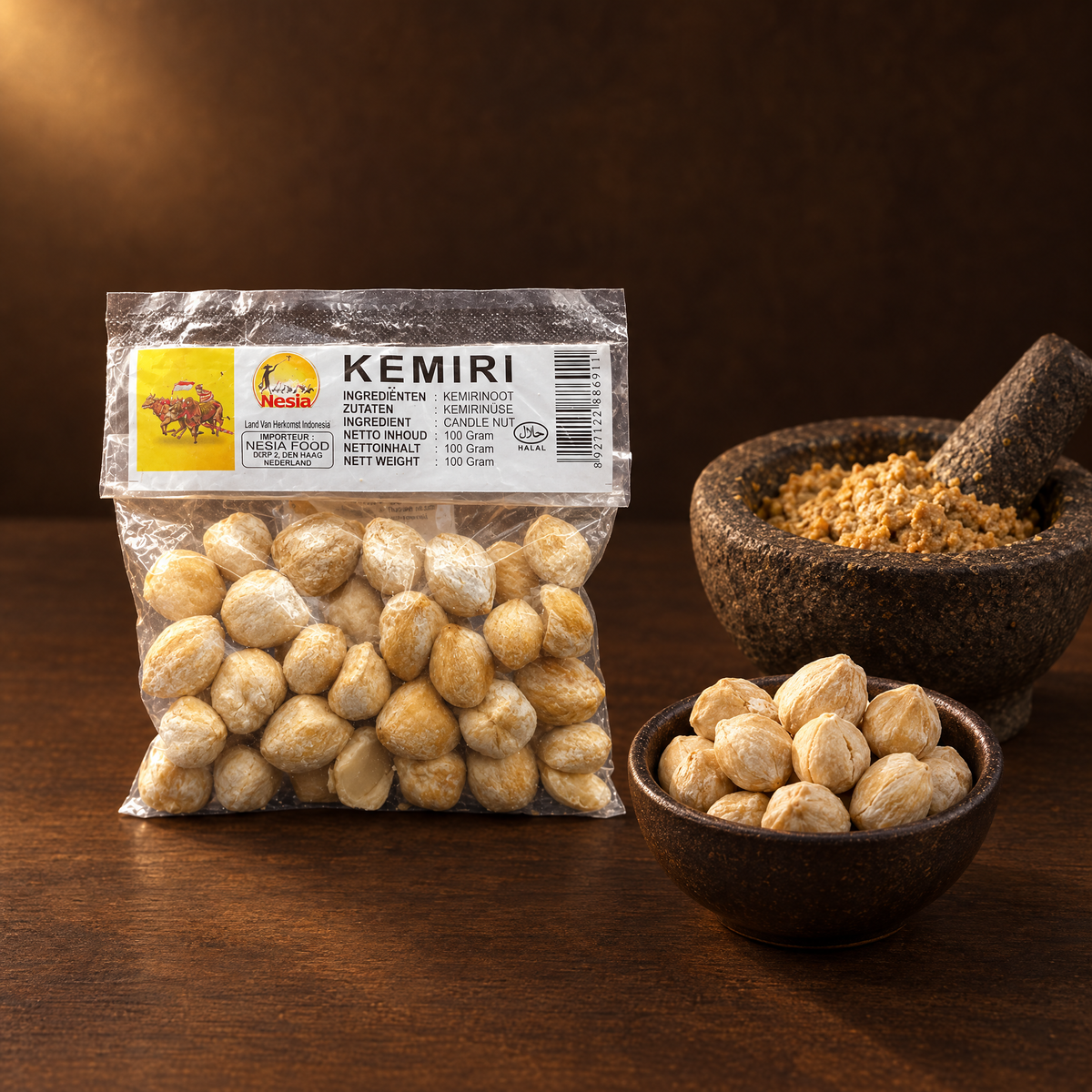 Kemiri Kemirinüsse 200g – Packung mit Kemirinüssen und Gewürzpaste