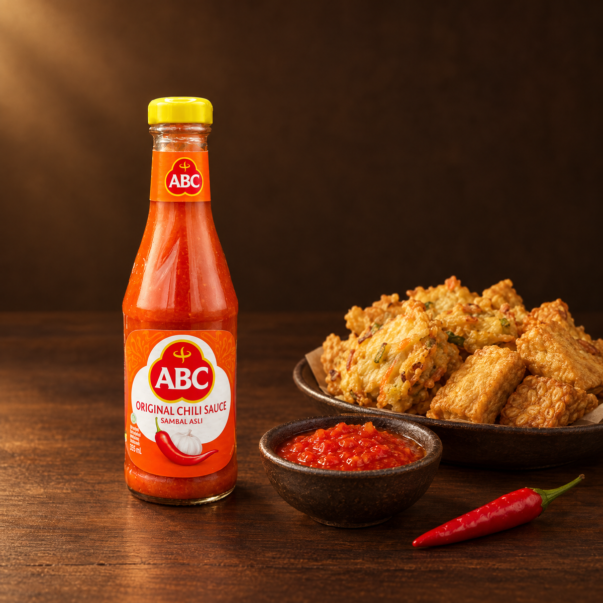 ABC Sambal Asli 335 ml – Flasche mit Chilisauce im Schälchen