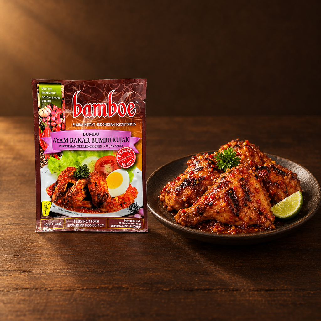 Bamboe Bumbu Ayam Bakar Bumbu Rujak 67 g – Packung mit gegrilltem Hähnchen