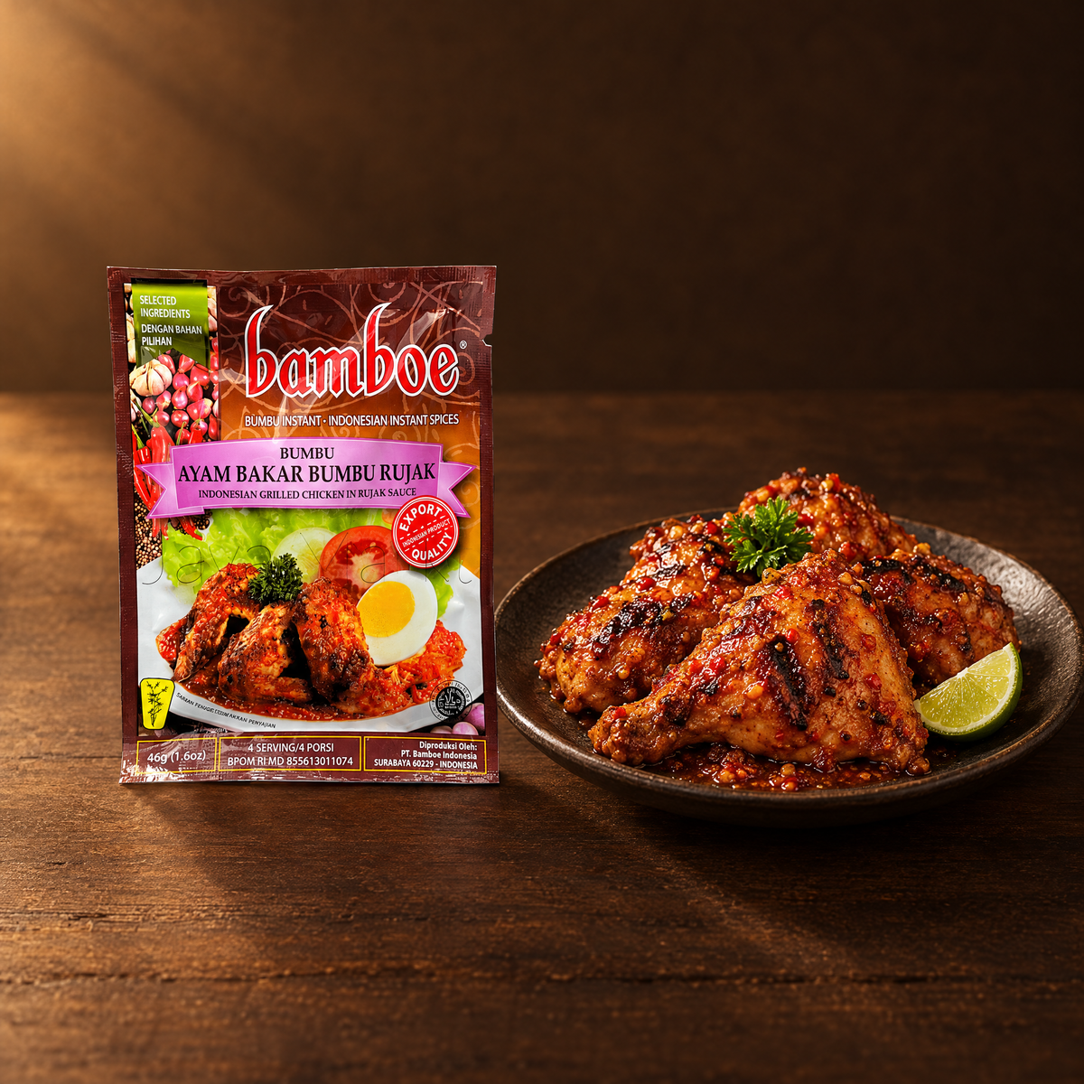 Bamboe Bumbu Ayam Bakar Bumbu Rujak 67 g – Packung mit gegrilltem Hähnchen