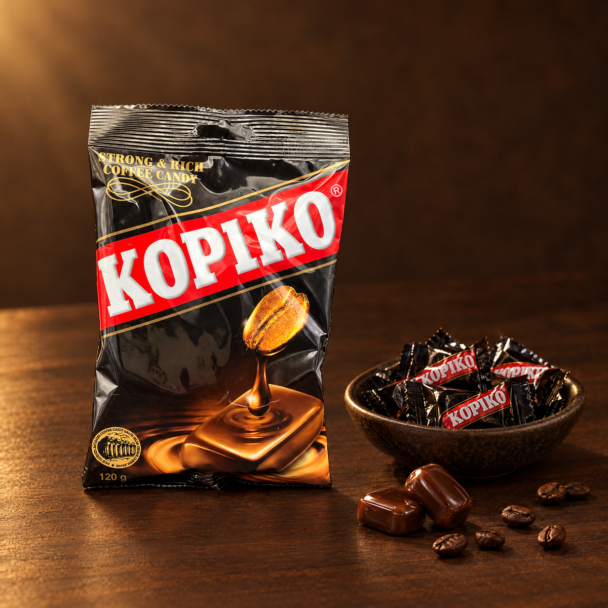 Kopiko Kaffee-Bonbons 150g – Packung mit Bonbons im Schälchen