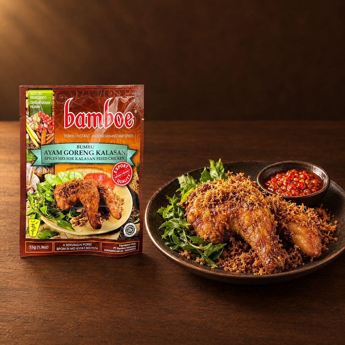 Bamboe Bumbu Ayam Goreng Kalasan 67 g – Packung mit frittiertem Hähnchen