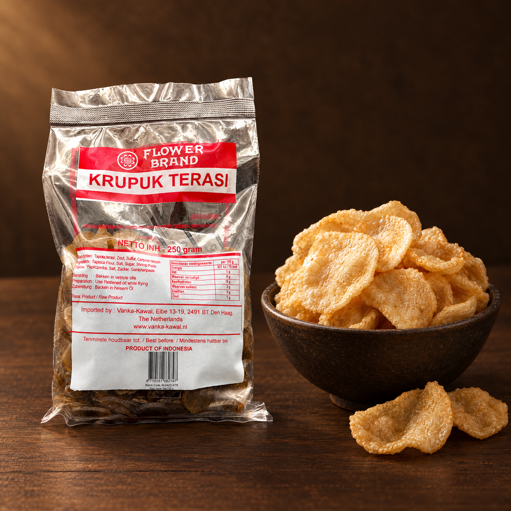 Kerupuk Terasi Flower Brand 250g – Packung mit frittierten Krupuk